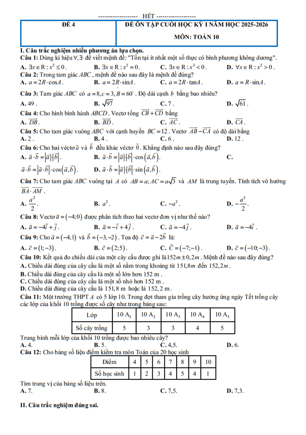 Đề cương Toán lớp 10, học kì 1, năm học 2025-2026