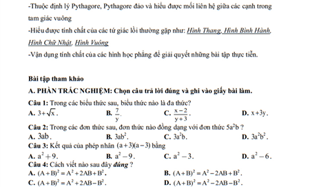 Đề cương Toán  lớp 8, học kì 1, năm học 2025-2026